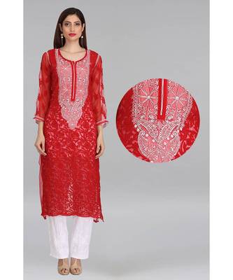 Red Embroidered Faux Georgette Chikankari Kurti 1