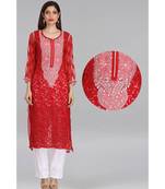 Red Embroidered Faux Georgette Chikankari Kurti