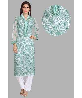 Green Embroidered Georgette Chikankari Kurti 1
