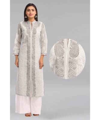 Ada Grey Embroidered Cotton Chikankari Kurti 1