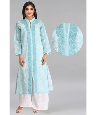 Blue Embroidered Cotton Chikankari Kurti 1