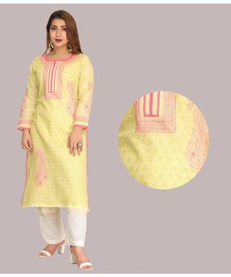 Lemon Embroidered Cotton Chikankari Kurti  1