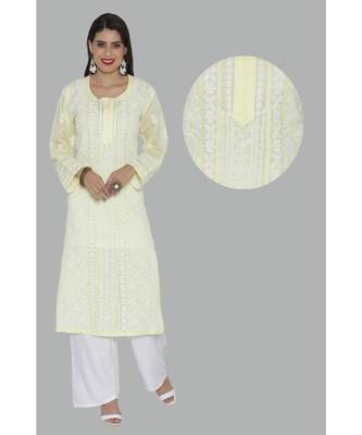 Lemon Embroidered Cotton Chikankari Kurti  1