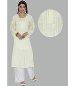 Lemon Embroidered Cotton Chikankari Kurti 