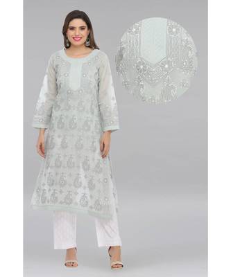 Grey Embroidered Cotton Chikankari Kurti 5
