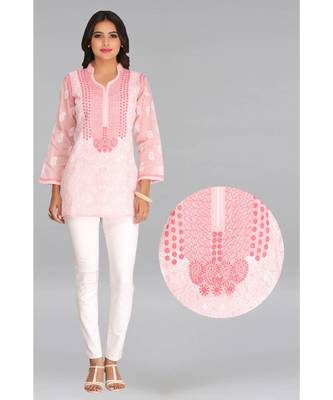 Peach Embroidered Cotton Chikankari Short Kurti  1