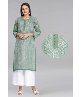 Ada Hand Embroidered Green Cotton Lucknow Chikan Kurti  1
