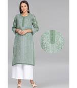 Ada Hand Embroidered Green Cotton Lucknow Chikan Kurti 