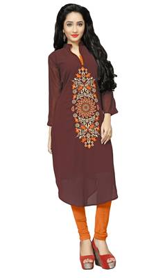 Party Wear Brow Color Georgette Embroidery Kurti For Women 1