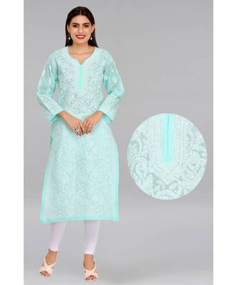 Ada Hand Embroidered Sea Green Cotton Lucknow Chikankari Kurti 1