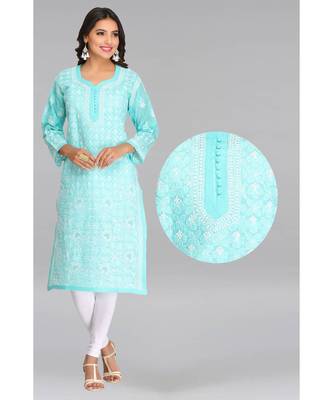Sea Green Embroidered Cotton Chikankari Kurti 1
