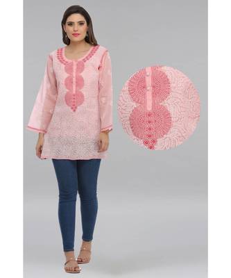 Peach Embroidered Cotton Chikankari Short Kurti 5