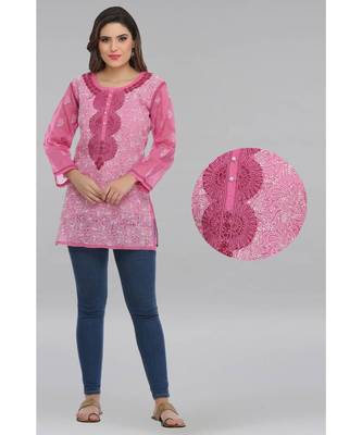 Onion Pink Embroidered Cotton Chikankari Short Kurti 1