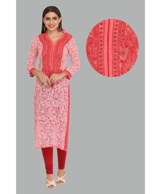 Ada Hand Embroidered Carrot Pink Georgette Lucknow Chikan Women Kurta - A280302 1