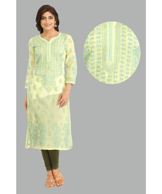 Ada Hand Embroidered Lemon  Cotton Lucknow Chikan Kurti 1