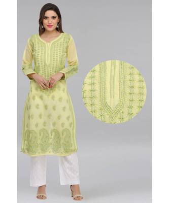 Ada Hand Embroidered Lemon Cotton Lucknow Chikan Kurti 1