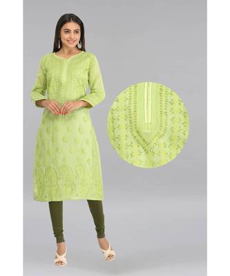Green Embroidered Cotton Chikankari Kurti 1
