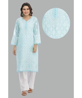 Ada Hand Embroidered Blue Cotton Lucknow Chikankari Kurti  1
