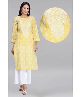Ada Hand Embroidered Yellow Cotton Lucknowi Chikan Kurti 6