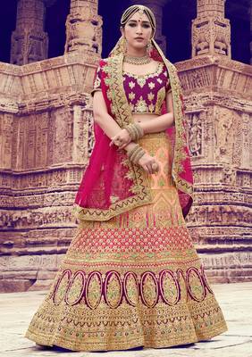 Peach embroidered satin semi stitched lehenga 1
