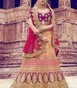 Peach embroidered satin semi stitched lehenga
