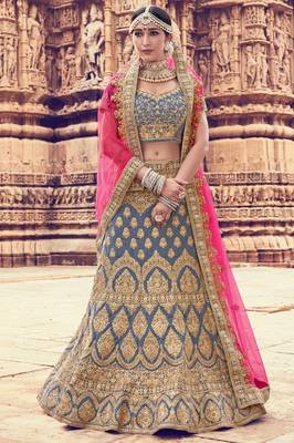 Grey embroidered velvet semi stitched lehenga 1
