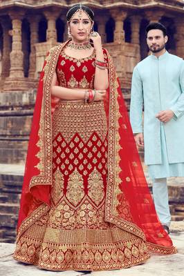 Red embroidered velvet semi stitched lehenga 1