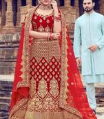 Red embroidered velvet semi stitched lehenga