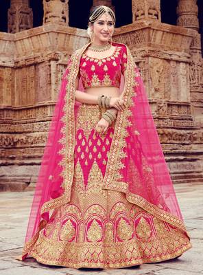 Pink embroidered velvet semi stitched lehenga 1