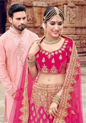 Pink embroidered velvet semi stitched lehenga 2