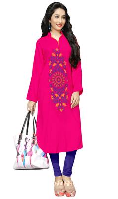 Pink Color Casual Wear Rayon Soft Cotton Embroidery Kurti For Women 1