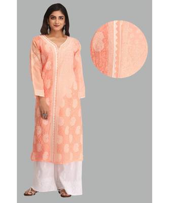 Peach Embroidered Cotton Chikankari Kurti  6