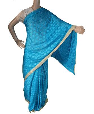 Deep Sky Blue woven chiffon Phulkari Saree 1