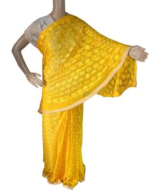 Yellow woven chiffon Phulkari Saree 1