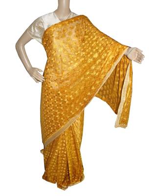 Gold Mustard woven chiffon Phulkari Saree 1