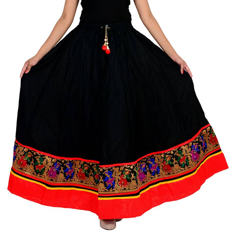 black Cotton Designer lace Work Long Skirt for Women
