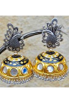 Two Tone Gold Silver Peacock Jhumka Earrings