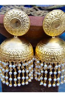 Gold Matte Jhumka Earrings with Metal Carving