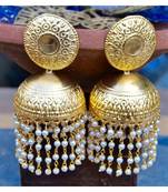 Gold Matte Jhumka Earrings with Metal Carving
