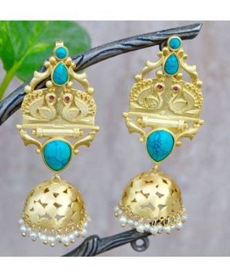 Gold Matte Turquoise Swan Jhumka Earrings 1