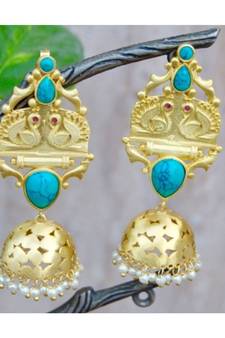 Gold Matte Turquoise Swan Jhumka Earrings