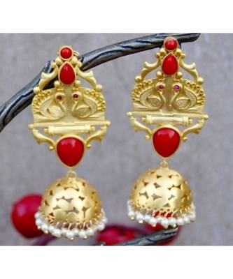 Gold Matte Red Onyx Swan Jhumka Earrings 1