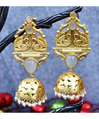 Gold Matte Moonstone Swan Jhumka Earrings 1