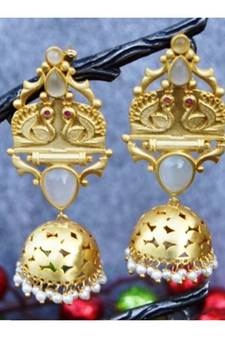 Gold Matte Moonstone Swan Jhumka Earrings