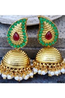 Red Green Gold Jhumka Earrings