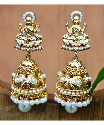 Gold Plated Goddess Pearl Jhumka Earrings 1