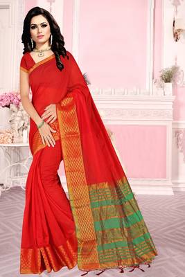 Red Plain Cotton Silk Saree With Blouse 1