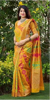Mustard woven art silk sarees saree with blouse 2