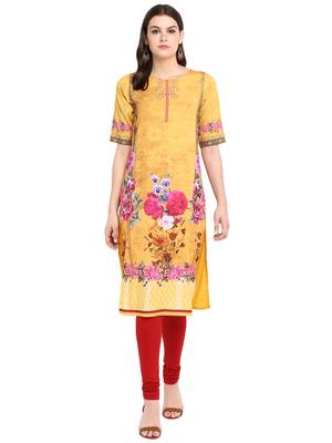 Mustard printed crepe long-kurtis 1