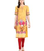 Mustard printed crepe long-kurtis